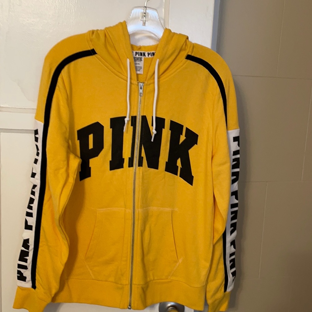 “PINK” full zip hoodie, yellow w/black detail & letters, size M